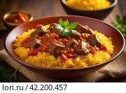 Гуляш из говядины с рисом. Вкусное питательное блюдо в ресторане. Тушеное мясо в томатном соусе. Деревенский стиль, крупный план. Стоковое AI-изображение, AI-художник Ирина / Фотобанк Лори