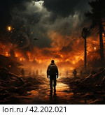 Military man in front of a burning city,Generative AI. Стоковое AI-изображение, AI-художник Анна Кривицкая / Фотобанк Лори