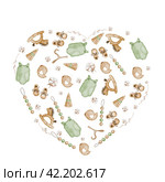 Watercolor heart banner with children's toys, clothes and accessories in retro style. Hand drawing isolated on white background. Vintage illustration for baby shower and birthday cards and invitations. Стоковая иллюстрация, иллюстратор Татьяна Трущелева / Фотобанк Лори