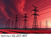 Electricity distribution station pylons on background of red acid sky. Silhouette image power line support high voltage power transmission tower and lines in an urban pollution environment. Copy space. Стоковое AI-изображение, AI-художник Aleksandr Golubev / Фотобанк Лори