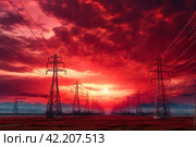 Electricity distribution station pylons on background of red acid sky. Silhouette image power line support high voltage power transmission tower and lines in an urban pollution environment. Copy space. Стоковое AI-изображение, AI-художник Aleksandr Golubev / Фотобанк Лори