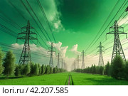 Electricity distribution station pylons on background of green acid sky. Silhouette image power line support high voltage power transmission tower and lines in urban pollution environment. Copy space. Стоковое AI-изображение, AI-художник Aleksandr Golubev / Фотобанк Лори