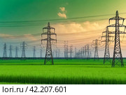 Electricity distribution station pylons on background of green acid sky. Silhouette image power line support high voltage power transmission tower and lines in urban pollution environment. Copy space. Стоковое AI-изображение, AI-художник Aleksandr Golubev / Фотобанк Лори