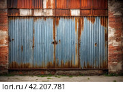 Old industrial corrugated iron industrial texture wall made of tin sheets. Grunge metal plate background. Copy ad text space. Стоковое AI-изображение, AI-художник Aleksandr Golubev / Фотобанк Лори