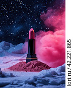 A large red lipstick in a bunch of blue and purple eye shadow. The concept of a make-up. Стоковое AI-изображение, AI-художник Ярославский Максим / Фотобанк Лори