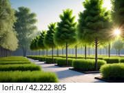 Planted young sapling of trees in an urban environment on territory of house. Background for gentrification of city. Concept of landscaping, nature, environment and ecology. Copy space. Стоковое AI-изображение, AI-художник Aleksandr Golubev / Фотобанк Лори