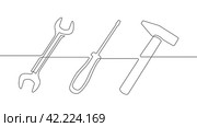 Drawn hammer, screwdriver, wrench.Locksmith tool for work.One line drawing. Стоковое видео, видеограф Александр Трофимович / Фотобанк Лори