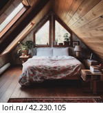 Cozy attic bedroom. Generate Ai. Стоковое AI-изображение, AI-художник Иван Рябоконь / Фотобанк Лори