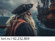 Pirate old senior aboard pirate ship. Generate Ai. Стоковое AI-изображение, AI-художник Иван Рябоконь / Фотобанк Лори
