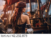 Pirate woman aboard pirate ship. Generate Ai. Стоковое AI-изображение, AI-художник Иван Рябоконь / Фотобанк Лори