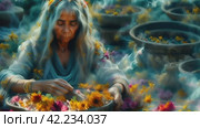 A witch performs a ritual with the withering of flowers: a harbinger of changes in the life of society. Стоковое AI-видео, аниматор Юрий Поздников / Фотобанк Лори