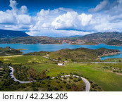 Panoramic view over Embalse de Zahara inland lake, Andalusia, Spain. Стоковое фото, фотограф Яков Филимонов / Фотобанк Лори
