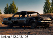 Close-up completely burnt out and carbonized car. Vehicle blown up by military shell burned abandoned automobile during war operations. Copy space. Стоковое AI-изображение, AI-художник Aleksandr Golubev / Фотобанк Лори