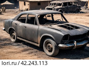 Completely burnt out and carbonized car. Vehicle blown up by military shell burned abandoned automobile during war operations. Copy ad text space. Стоковое AI-изображение, AI-художник Aleksandr Golubev / Фотобанк Лори