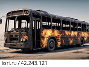 Completely burnt out and carbonized bus. Vehicle blown up by military shell burned abandoned automobile during war operations. Copy ad text space. Стоковое AI-изображение, AI-художник Aleksandr Golubev / Фотобанк Лори