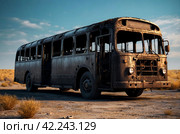 Completely burnt out and carbonized bus. Vehicle blown up by military shell burned abandoned automobile during war operations. Copy ad text space. Стоковое AI-изображение, AI-художник Aleksandr Golubev / Фотобанк Лори