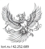 Phoenix illustration, drawing, engraving, ink, line art, vector. Sketch of a tattoo in the form of a Firebird. T-shirt apparel print design. Стоковое AI-изображение, AI-художник Ирина Ручушкина / Фотобанк Лори