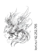 Phoenix illustration, drawing, engraving, ink, line art, vector. Sketch of a tattoo in the form of a Firebird. T-shirt apparel print design. Стоковое AI-изображение, AI-художник Ирина Ручушкина / Фотобанк Лори