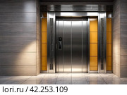 Modern steel elevator cabin in house or multi-apartment skyscraper. Background of interior floor of elevator platform with elevators and sunlight in business center. Copy space for site. Стоковое AI-изображение, AI-художник Aleksandr Golubev / Фотобанк Лори