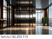 Modern steel elevator cabin in house or multi-apartment skyscraper. Background of interior floor of elevator platform with elevators and sunlight in business center. Copy space for site. Стоковое AI-изображение, AI-художник Aleksandr Golubev / Фотобанк Лори