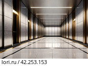 Background of interior floor of elevator platform with elevators and sunlight in business center. Modern steel elevator cabin in house or multi-apartment skyscraper. Copy space for site. Стоковое AI-изображение, AI-художник Aleksandr Golubev / Фотобанк Лори