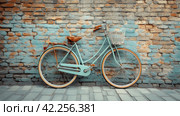 Retro bicycle leaning against a brick wall, symbolizing a slower pace of life and simpler times. Стоковое AI-изображение, AI-художник Юлия Гапеенко / Фотобанк Лори