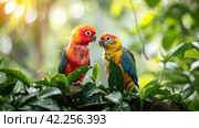 Cute parrots nibbling on fresh green grass, their fluffy tails twitching with contentment. Стоковое AI-изображение, AI-художник Юлия Гапеенко / Фотобанк Лори