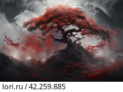 Red tree smoke mountain. Generate Ai. Стоковое AI-изображение, AI-художник Иван Рябоконь / Фотобанк Лори