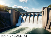 Close-up view of modern giant dam on Parana river, South America. Itaipu Binacional hydroelectric power station in Foz do Iguazu Brazil on border Paraguay. Hydro electrification concept. Copy space. Стоковое AI-изображение, AI-художник Aleksandr Golubev / Фотобанк Лори