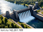 hydroelectric power station in Foz do Iguazu Brazil, border Paraguay. Panoramic aerial view of giant dam on Parana river, South America. Hydro electrification concept. Copy ad space. Стоковое AI-изображение, AI-художник Aleksandr Golubev / Фотобанк Лори