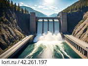 View of road modern giant dam on Parana river, Itaipu Binacional hydroelectric power station in Foz do Iguazu Brazil on border Paraguay. Hydro electrification concept. Copy text space. Стоковое AI-изображение, AI-художник Aleksandr Golubev / Фотобанк Лори