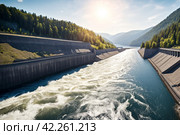 View of Parana river from modern giant dam, South America. Itaipu Binacional hydroelectric power station in Foz do Iguazu Brazil, border Paraguay. Hydro electrification concept. Copy ad text space. Стоковое AI-изображение, AI-художник Aleksandr Golubev / Фотобанк Лори