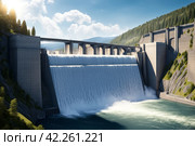 Modern Itaipu Binacional hydroelectric power station in Foz do Iguazu Brazil, border Paraguay. Panoramic view of giant dam on Parana river, South America. Hydro electrification concept. Copy ad space. Стоковое AI-изображение, AI-художник Aleksandr Golubev / Фотобанк Лори