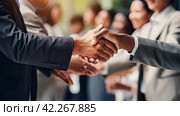 Close-up of a professional handshake with business partners. Close-up of two men shaking hands. Стоковое AI-изображение, AI-художник Ярославский Максим / Фотобанк Лори