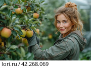 Girl gardener harvesting apples. Стоковое AI-изображение, AI-художник Юрий Поздников / Фотобанк Лори