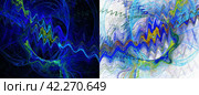 Blue and yellow wavy and arc lines on black and white backgrounds. Set of abstract fractal backgrounds. 3D rendering. 3D illustration. Стоковая иллюстрация, иллюстратор Бузмакова Светлана / Фотобанк Лори