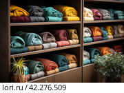 Wardrobe after decluttering and putting in order, storage system for clothes, folded on shelves and hanging on racks. Стоковое AI-изображение, AI-художник Ирина Михайличенко / Фотобанк Лори