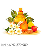 Illustration Of Happy Ugadi Greeting Card Background With Decorated Kalash. Стоковое AI-изображение, AI-художник Ирина Старикова / Фотобанк Лори