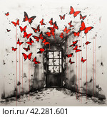 Door with bars and red butterflies,Generative AI. Стоковое AI-изображение, AI-художник Анна Кривицкая / Фотобанк Лори