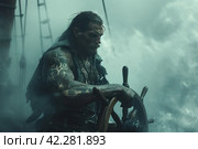 Pirate captain at the helm during a storm. Стоковое AI-изображение, AI-художник Юрий Поздников / Фотобанк Лори