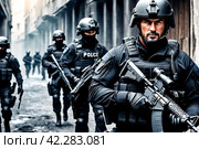 Special forces soldier man in uniform of tactical Units of Police with weapon, in action. Explosion, smoke and fire sparks on dark black background, no name. Copy ad text space. Generated Ai. Стоковое AI-изображение, AI-художник Aleksandr Golubev / Фотобанк Лори