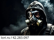 Mysterious person in gas mask against dark background. Illustration of stalker portrait in soviet old gas mask with filter red highlights dissolving. Radiation concept. Copy ad text space. Generate Ai. Стоковое AI-изображение, AI-художник Aleksandr Golubev / Фотобанк Лори