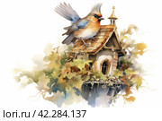 Fairytale bird on the background of the castle, book illustration style of children's fairy tales watercolor,Generative AI. Стоковое AI-изображение, AI-художник Анна Кривицкая / Фотобанк Лори
