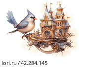 Fairytale bird on the background of the castle, book illustration style of children's fairy tales watercolor,Generative AI. Стоковое AI-изображение, AI-художник Анна Кривицкая / Фотобанк Лори