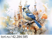 Fairytale bird on the background of the castle, book illustration style of children's fairy tales watercolor,Generative AI. Стоковое AI-изображение, AI-художник Анна Кривицкая / Фотобанк Лори
