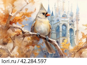Fairytale bird on the background of the castle, book illustration style of children's fairy tales watercolor,Generative AI. Стоковое AI-изображение, AI-художник Анна Кривицкая / Фотобанк Лори