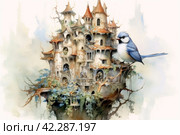 Fairytale bird on the background of the castle, book illustration style of children's fairy tales watercolor,Generative AI. Стоковое AI-изображение, AI-художник Анна Кривицкая / Фотобанк Лори