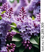 Syringa flowering woody plants in the olive family or Oleaceae called lilac. The flowers grow in large panicles and have a strong fragrance. Advertising of perfume, deodorizing and flavoring products. Стоковое AI-изображение, AI-художник Юлия Петровская / Фотобанк Лори