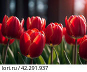 tulip Tulipa bulbous herbs in lily family Liliaceae. Tulips garden flowers cultivars and varieties. Flowers delicate bright reddish red color. Beautiful buds. Landscaping. Variety hybrids. Flower bed. Стоковое AI-изображение, AI-художник Юлия Петровская / Фотобанк Лори