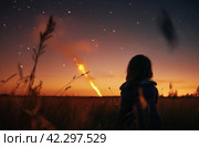 Child gazes at fiery meteorite. Стоковое AI-изображение, AI-художник Данил Руденко / Фотобанк Лори
